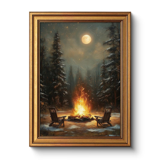 Vintage Gold Framed Winter Landscape with Campfire Wall Art, 12x16 Inch Canvas Print of Moonlit Snowy Forest and Fire Painting, Rustic Living Room Cabin Office Home Christmas Holiday Decor
