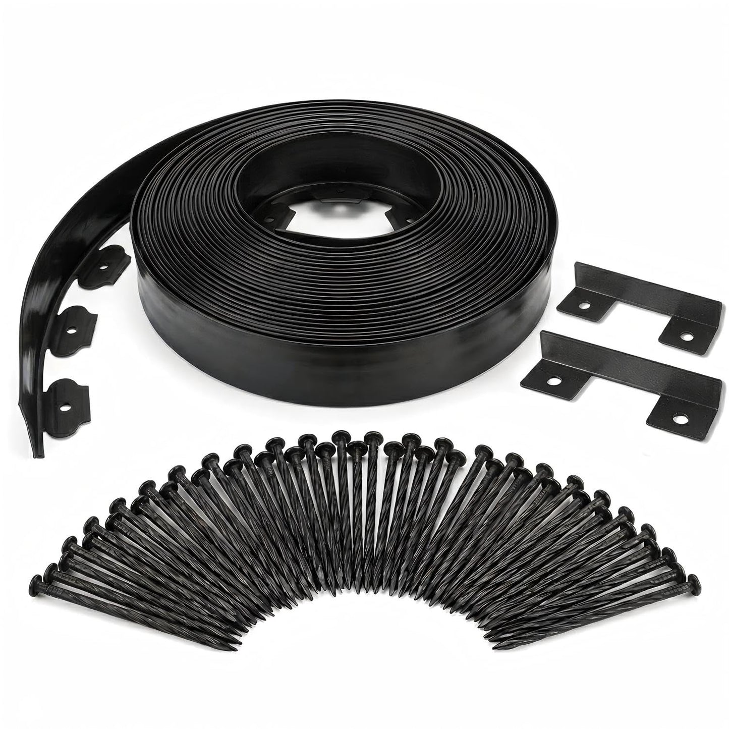 BABL LIFE Landscape Edging Kit, 40 FT x 2 Inch, No Dig Garden Edging Border, Flexible Black Lawn Edging with 80 Spiral Spikes and 2 Connectors for Flower Beds, Paths, Yard