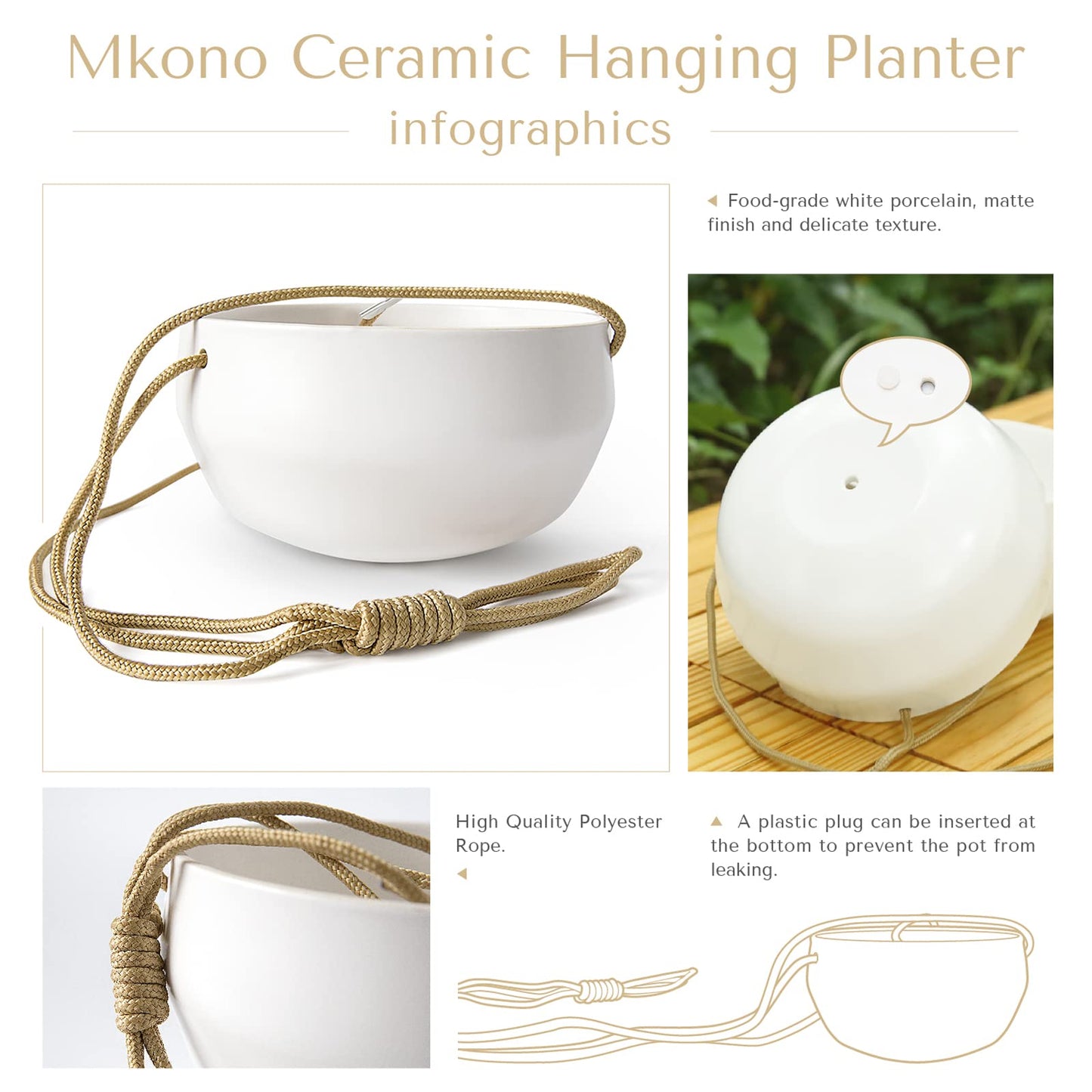 Mkono Ceramic Hanging Planter of Shallow 8 Inch and Deep 6 Inch for Indoor Outdoor Plants, Set of 2 Modern Plant Pot Geometric Porcelain Hanging Basket with Polyester Rope Hanger
