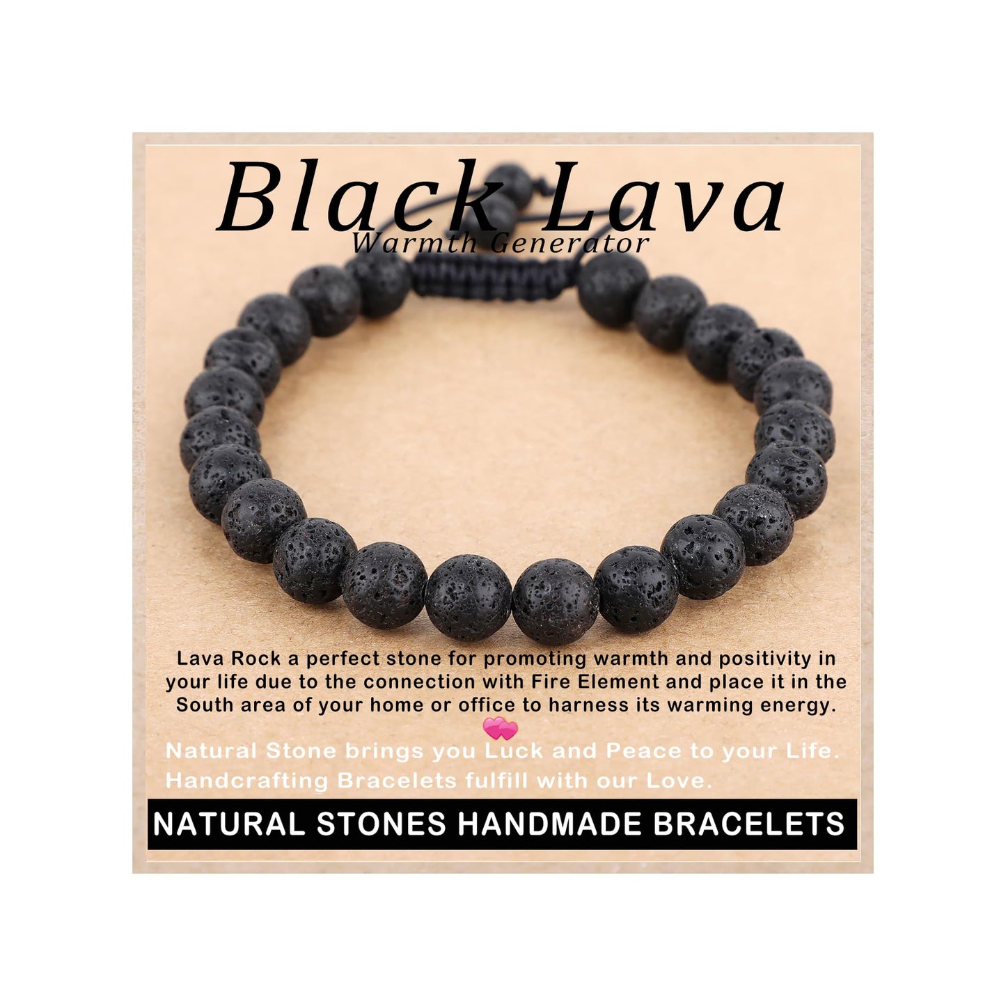 AD Beads 8mm Black Lava - Warmth Generator - Handmade Natural Stone Crystal Bracelet with Adjustable Macrame String - Yoga Healing Power Energy Gifts for Men and Women