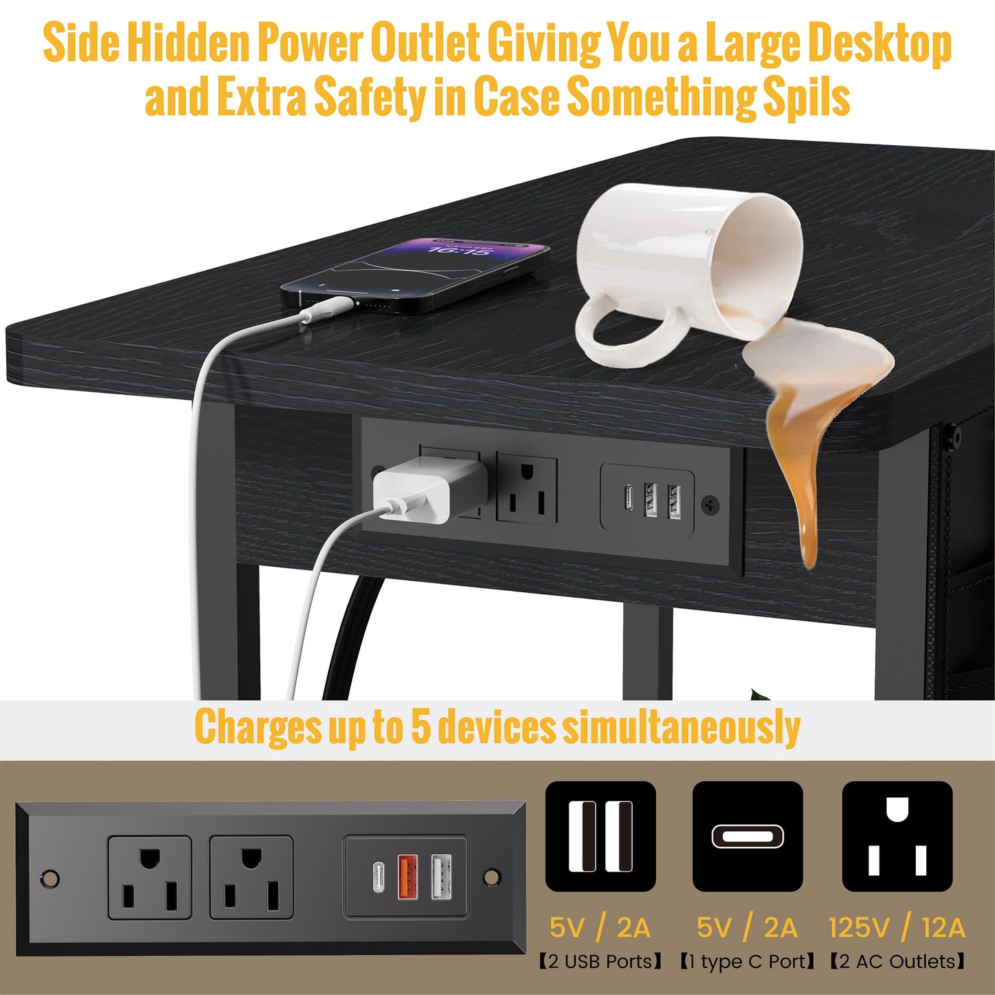 Yenlure Small Side Table with Charging Station, Narrow Nightstand Bedside Tables with Storage Pocket for Living Room Bedroom, Sofa End Table with USB Ports and Power Outlets for Small Spaces
