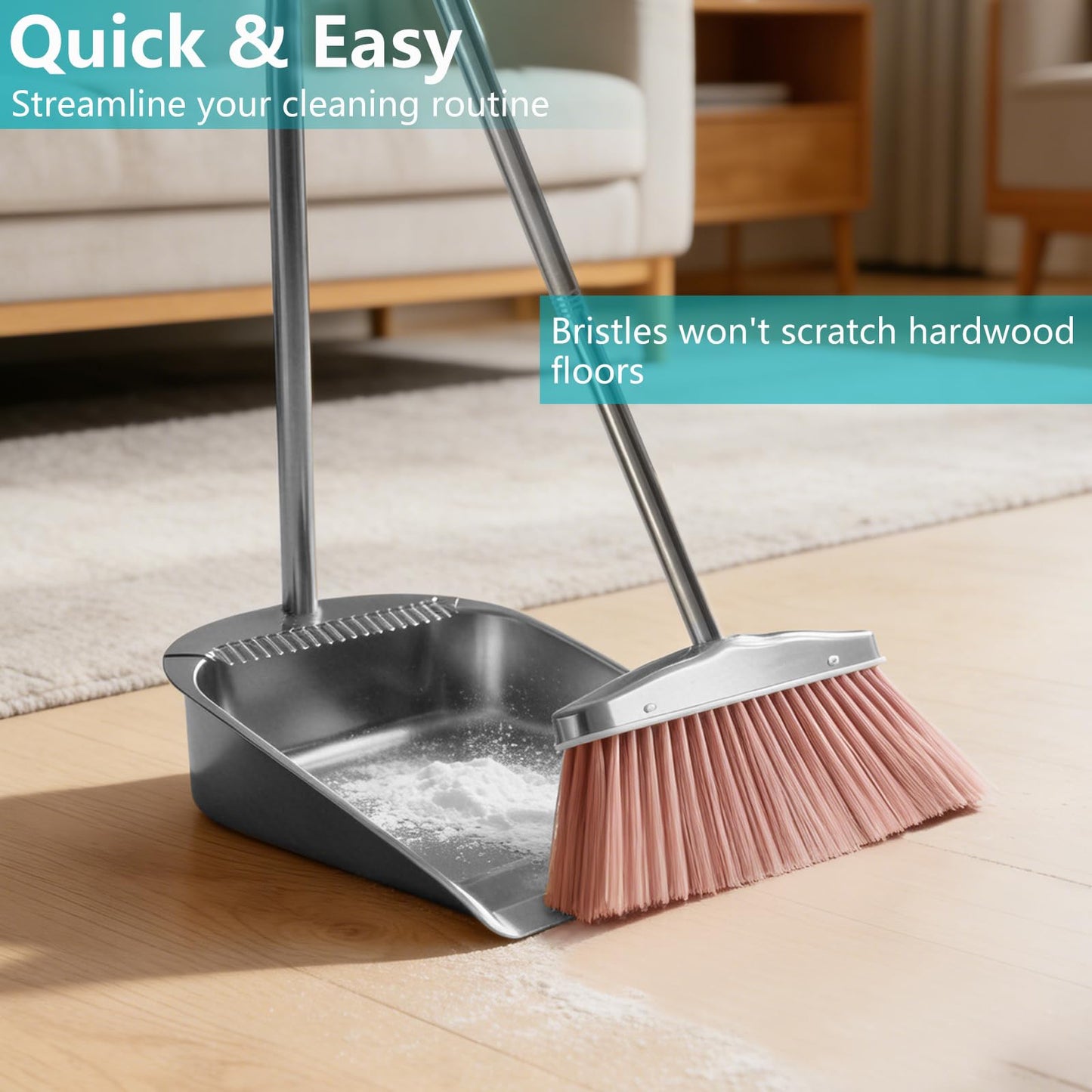 Stainless Steel Broom and Dustpan Set, 2-Piece, Long Handle Standing Design with Comb Teeth, Heavy Duty Windproof Upright for Home, Kitchen, Indoor Outdoor Use (Silver Teeth)
