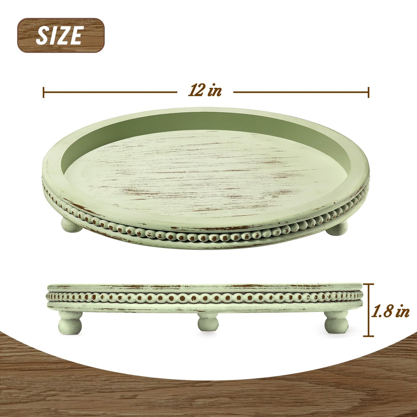 KULEDM Handmade Wooden Decorative Tray, Small Beaded Coffee Table Tray Decor, Sage Round Serving Tray for Coffee Table, Dining Room Table Entryway and Living Room Table