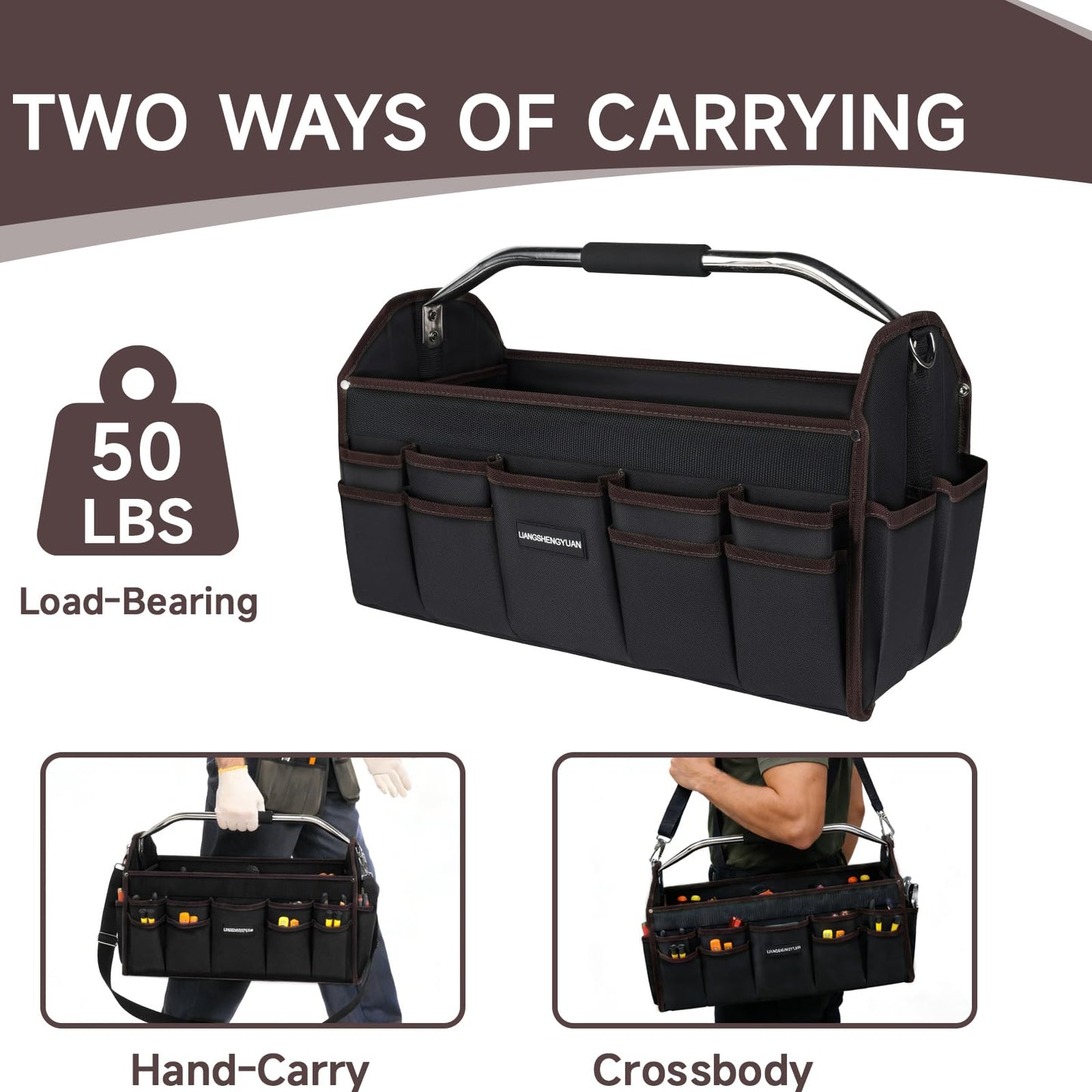 16 In Tool Carrier, Open Top Tool Tote 30 Pockets, Waterproof Tool Bag For Men, Foldable Wide Mouth Electricians Tool Bag, With Stainless Steel Handle and Removable Shoulder Strap