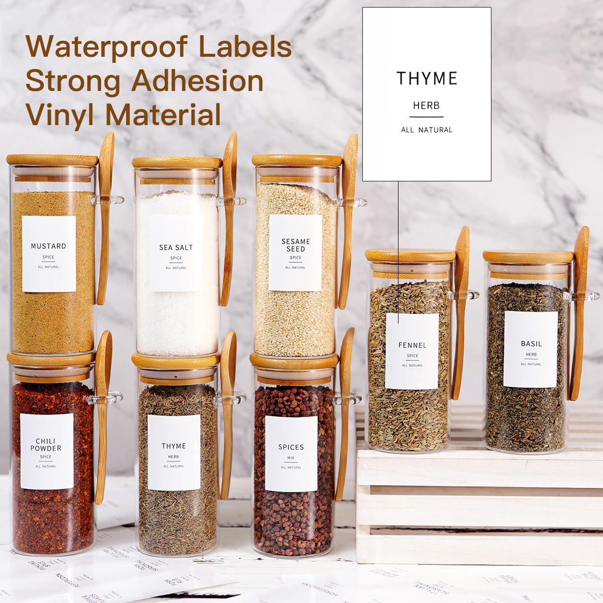 8 Pcs Glass Containers with Bamboo Lids and Spoons - 10 oz Sugar Container with 148 Kitchen Pantry Spice Jar Labels Preprinted - Glass Spice Jars with Wooden Lids Hold Coffee, Tea, Candy, Herbs
