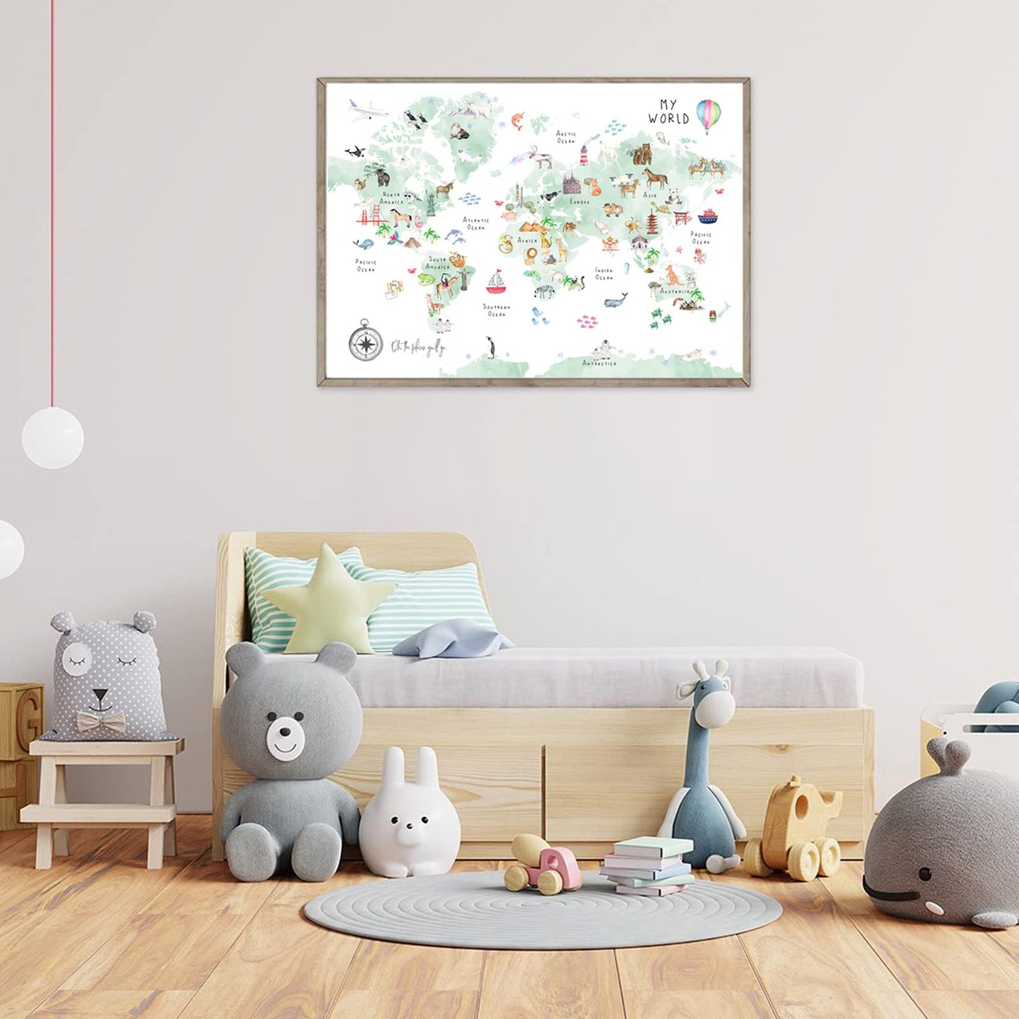 Joocrise Green Kids World Map Wall Art Animal Map Canvas Wall Art Nursery Wall Decor World Map Poster Childrens Room Decor Playroom Prints Educational Artwork 16x24 Inch Unframed