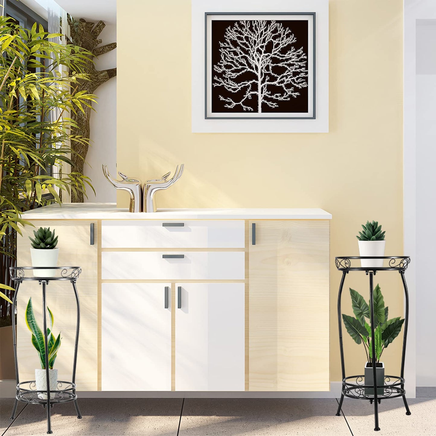 Kavlium 2-Pack Plant Stand Indoor Outdoor,Tall Black Metal Rustproof Stable Plant Stands,2 Tier 27.1 inch Multiple Plant Rack for Planter Corner Garden Living Room & Garden
