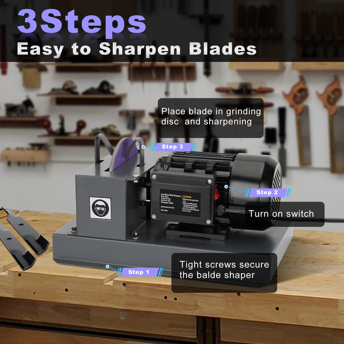 2026 Upgrade Lawn Mower Blade Sharpener, 1HP 750W Mower Grinder with 9-inch Ceramic Grinding Disc, 2 Pack-9'' Sanding Paper and 40° Bracket for High/Low Lift, Gator & Flat Blades Sharpen
