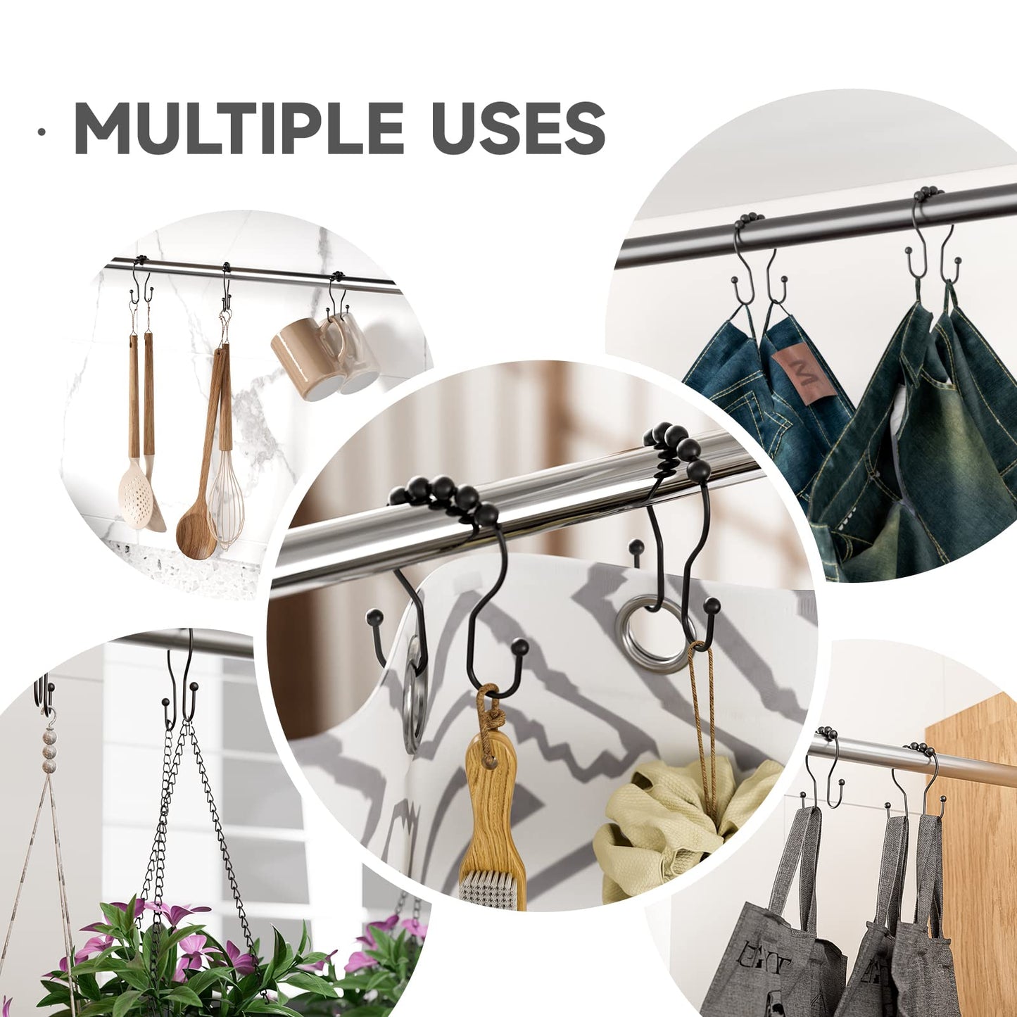 Bathway Shower Curtain Hooks Shower Curtain Rings Black Shower Curtain Hooks RustProof Smooth Metal Double Shower Curtain Hook, Shower Hooks for Shower Curtain Liner Bathroom Shower Rod Hook
