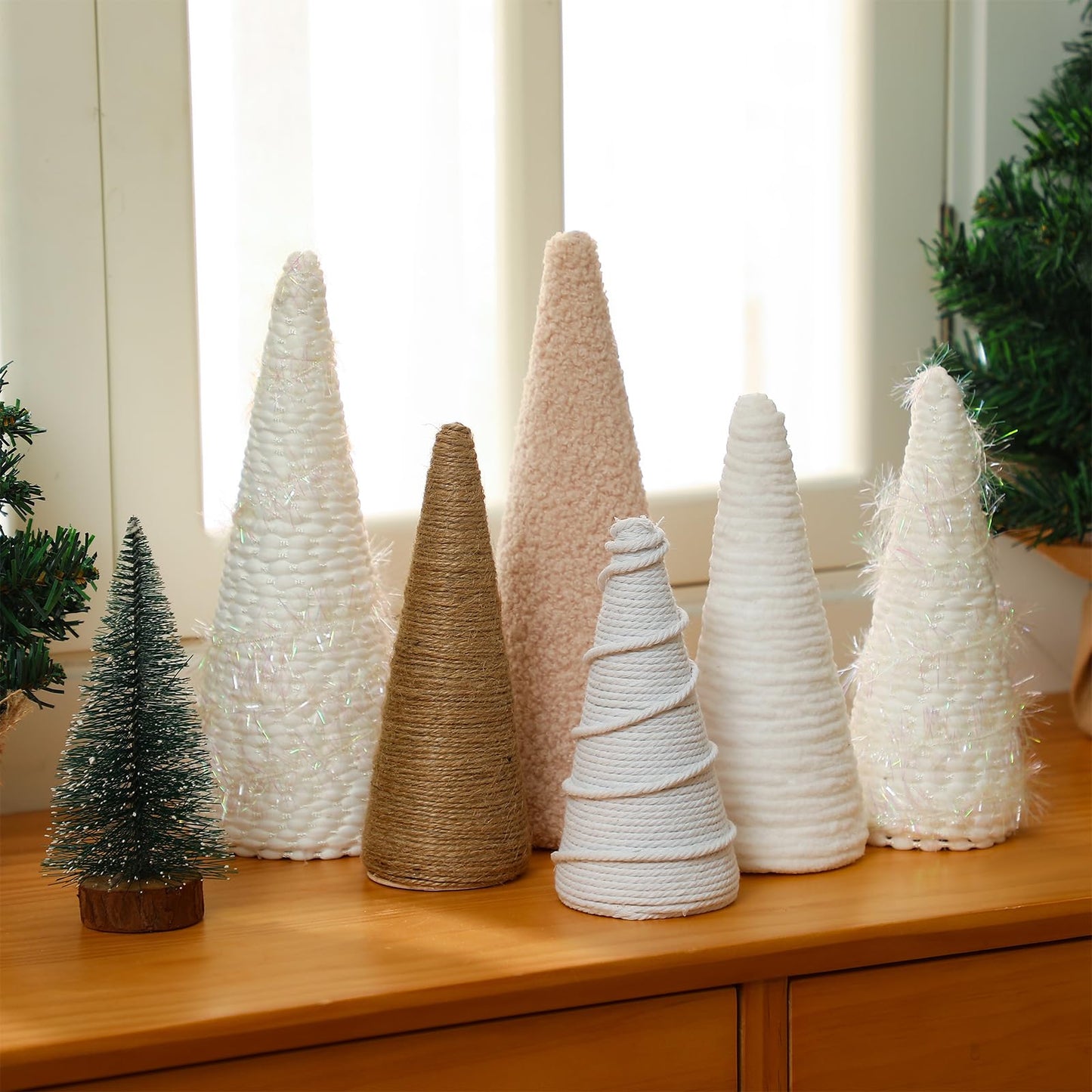 VercanMonth 6 Pcs Christmas Yarn Cone Trees Rustic Farmhouse Christmas Neutral Boho Cone Trees Tabletop Centerpiece Mantle Tree Table Decoration for Winter Holiday Tiered Tray, 8 Inch 7 Inch 5 Inches