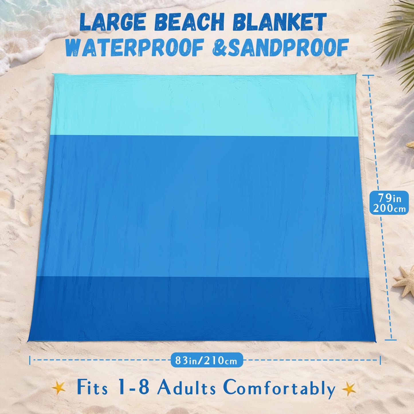 AlphaBeing Beach Blanket Waterproof Sandproof, Extra Large Beach Mat for 1–8 Adults, Oversized Picnic Blanket with 4 Stakes & Storage Bag, Essential Beach Gear for Travel (ThreeBlue, 120“×108”)