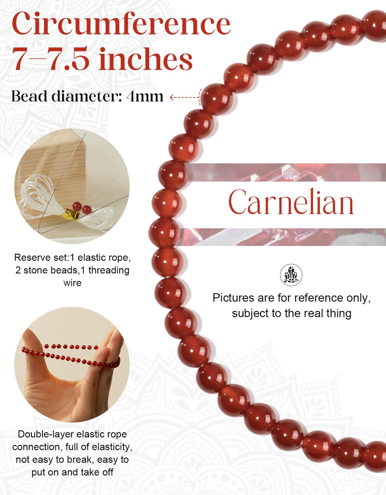 Landorilo Beaded Bracelet for Men Women, 4mm Natural Stone Carnelian Healing Crystal Stretch Bracelets, Ideal Christmas Birthday Jewelry Gifts with Energy Card，Replacement Beads Included