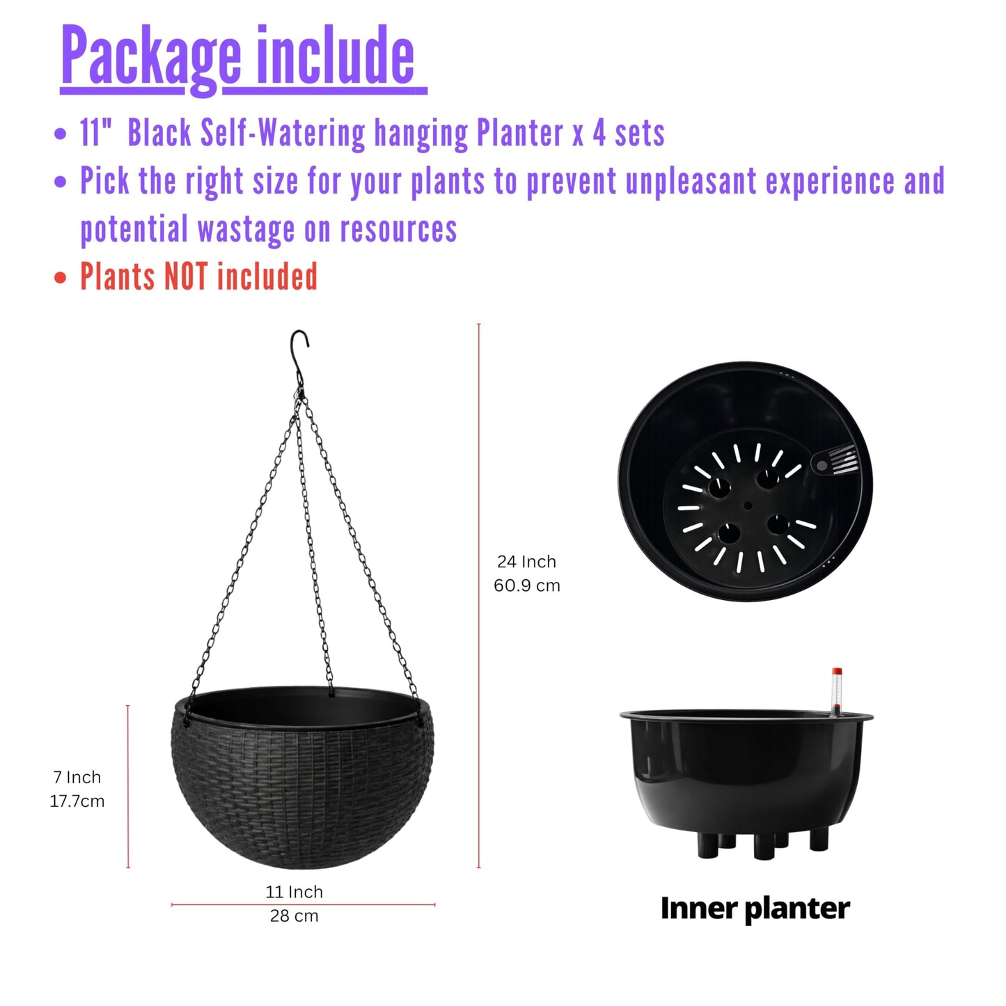 LaLaGreen Hanging Planters for Indoor Plants (11 Inch, 4 Pack) Self-Watering Round Rattan Style Flower Pots with Water Level Indicator, Black Metal Chain Hanging Baskets for Porch Garden Balcony Decor
