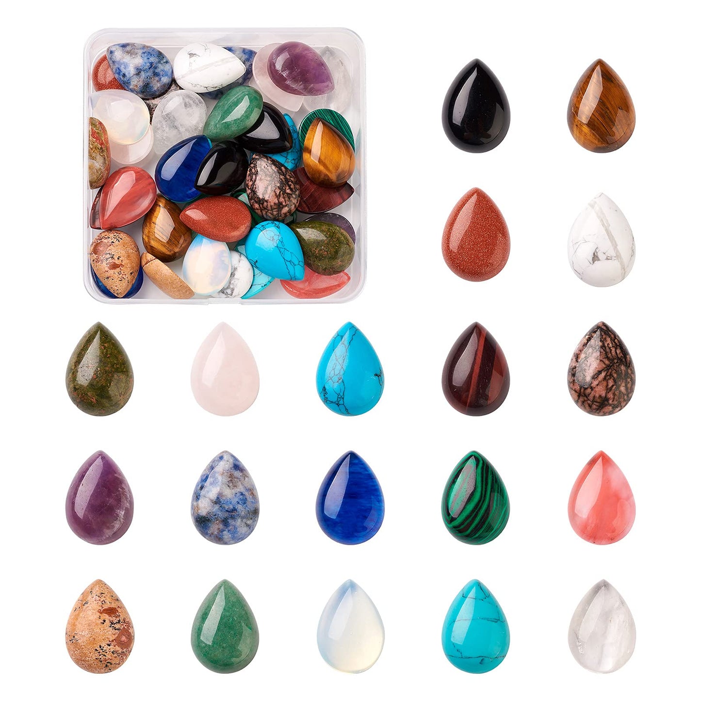 Fashewelry 38pcs Teardrop Healing Crystal Gemstone Cabochons 25x18mm Assorted Flatback Natural & Synthetic Energy Stone Cab Covers No Hole for Jewelry Craft Bracelet Necklace Making