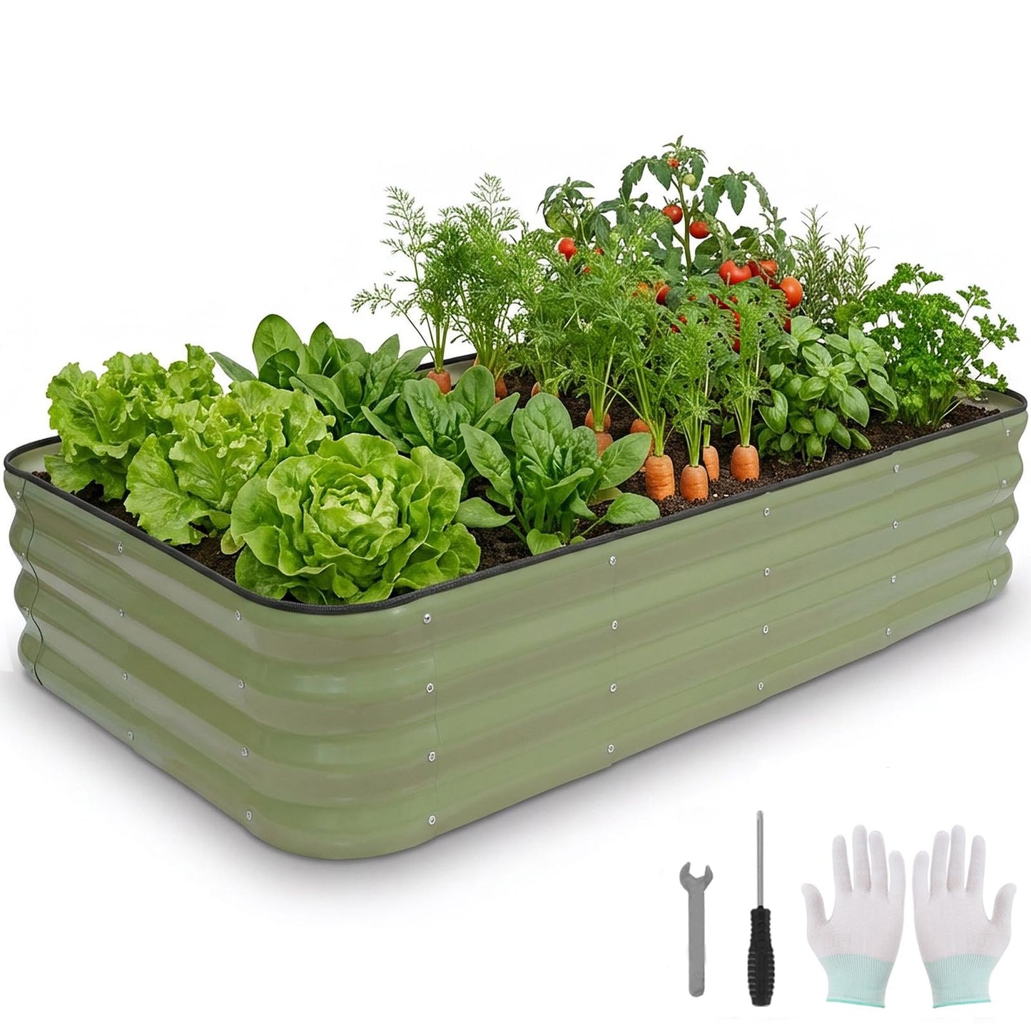 BIRDSINYARD 4 in 1Galvanized Raised Garden Bed - 5x3x1ft Modular Garden Planter Bed Outdoor | Steel Raised Bed Kit with Bracing Rods, Gloves for Gardening Vegetables Fruits and Flowers (Green)