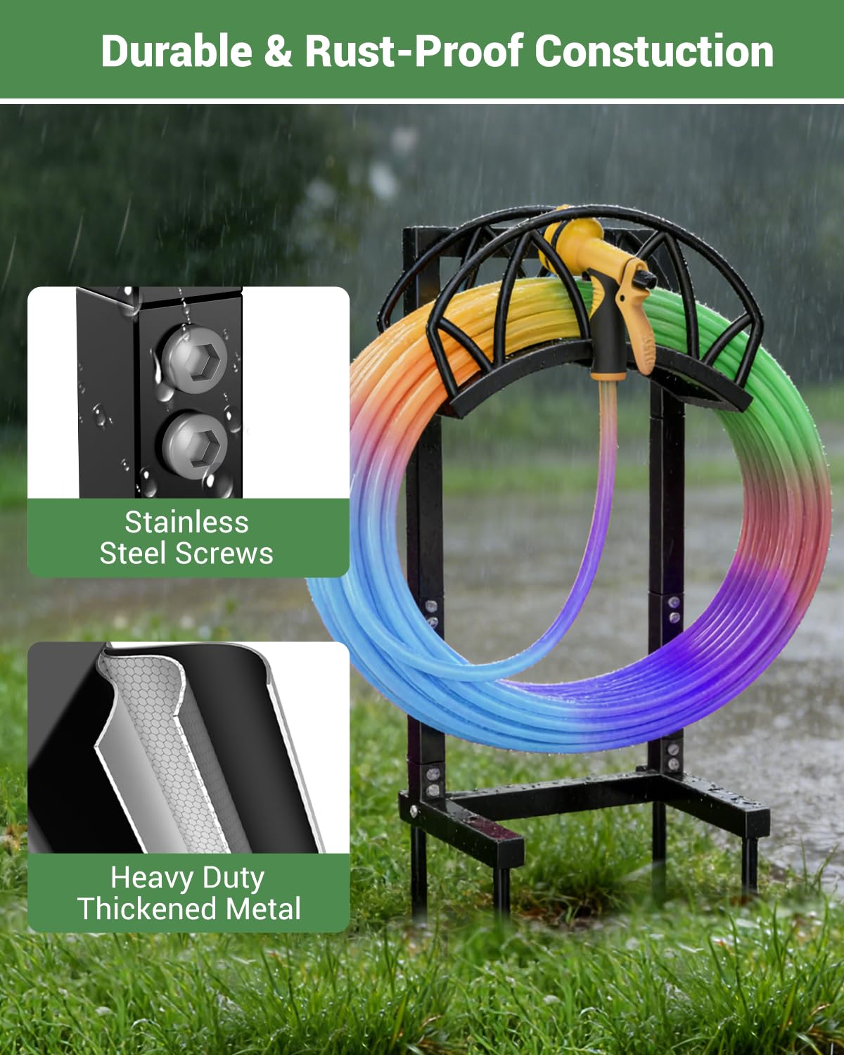 HZE Garden Hose Holder, Freestanding Water Hose Holder Stand for Outside, Heavy Duty Detachable Metal Garden Tube Storage Hanger Rack Holds 160 FT for Yard Lawn Farm, Black