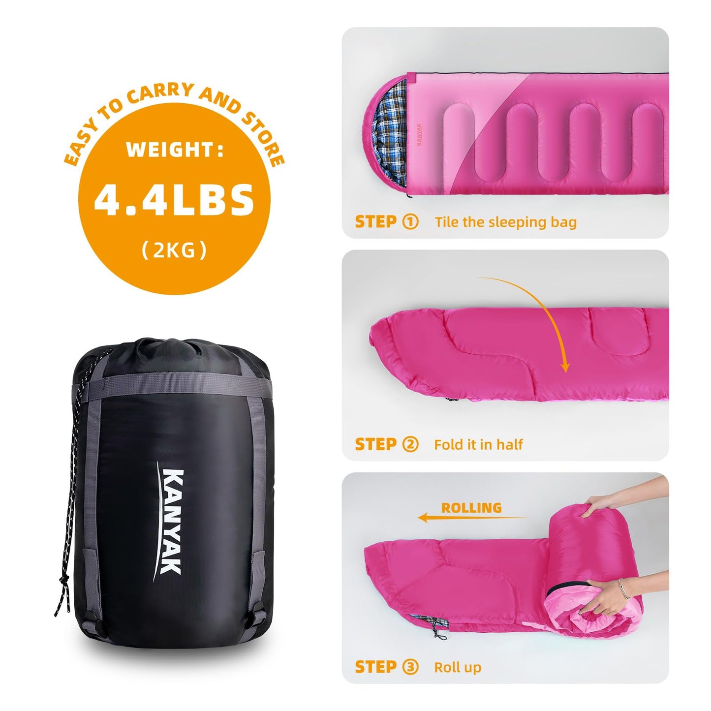 KANYAK Pink Sleeping Bag with Carry Bag, Warm Washable and Skin-Friendly Camping Sleeping Bag for Festival Sleep-Outs or Outdoor Adventures