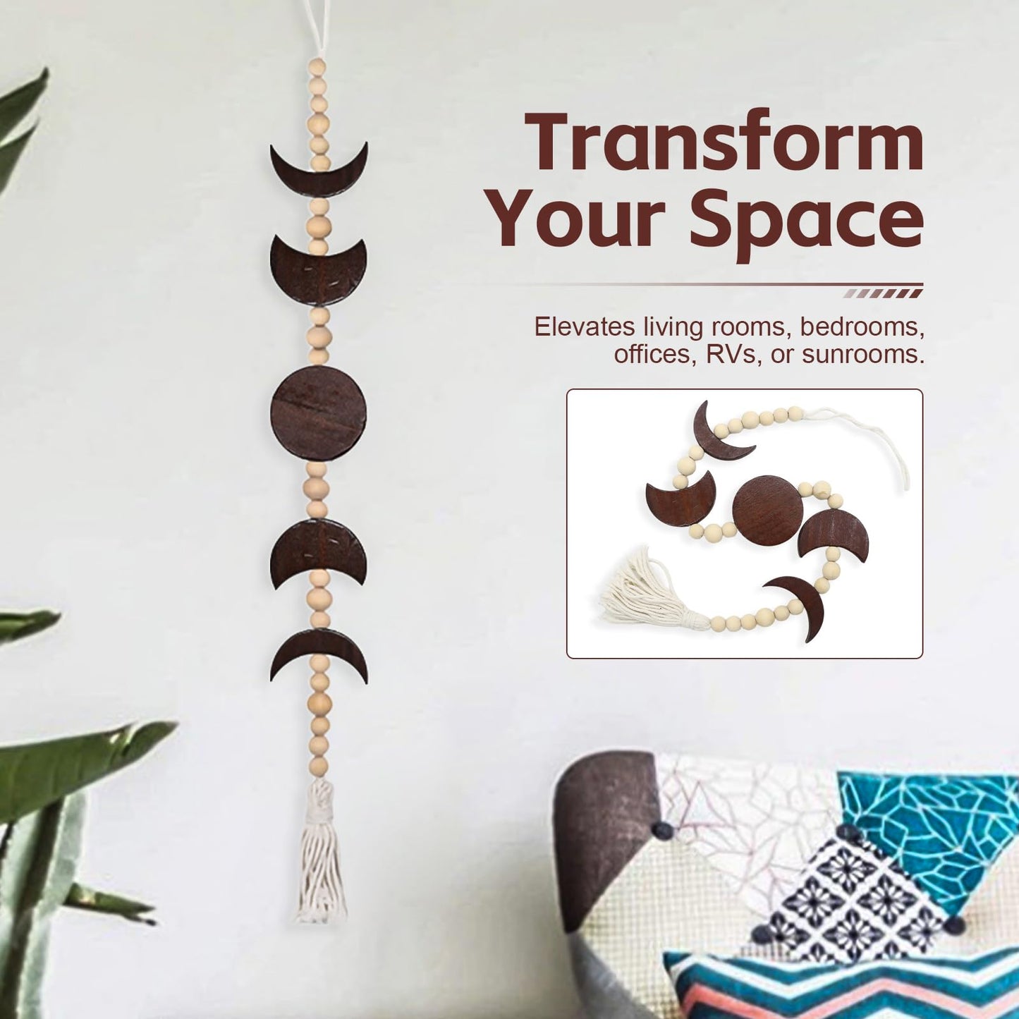 Moon Phase Wall Decor | 30 Inch Boho Moon Decor Wood Hanging with Beads & Tassel, Boho Living Room Decor for Bedroom, Above Bed, Office, Dorm