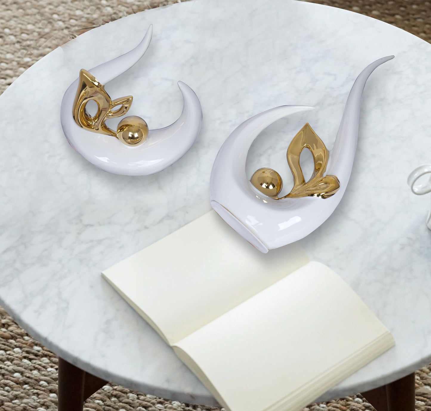 2 PCS White Gold Home Decor Accent Ceramic Statue Abstract Sculptures Centerpieces Mid Century Modern Decor for Tables Coffee Table top Decorations for Living Room Desktop Shelf Dining Room Kitchen
