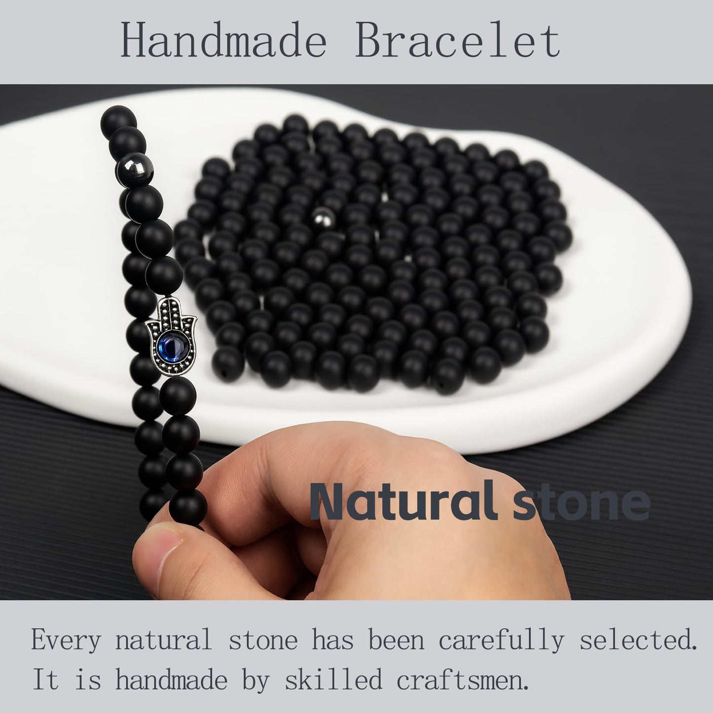Jendfert Obsidian Energy Beaded Bracelet, Black Tourmaline Beads, Feng Shui Chakra Healing Double Guardian Bracelet, 8mm Black Onyx Beads, Personalized Gift for Men and Women（2 PSC Evil Eye）