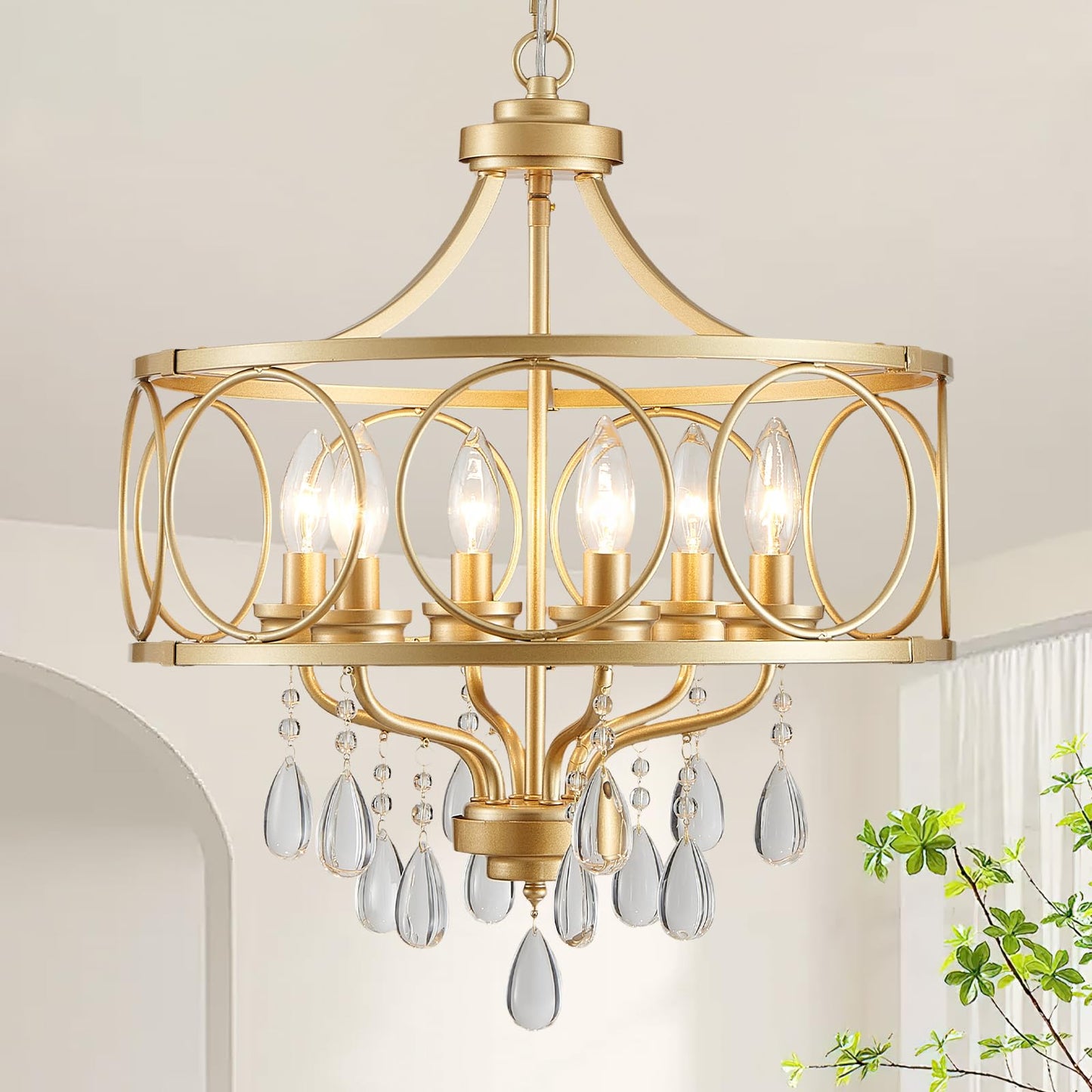 Majhoiw 6-Light Modern Gold Crystal Chandelier, 17.7" Farmhouse Ceiling Light Fixture, Hanging Metal Pendant Lights Kitchen Island Dining Room Entryway Foyer