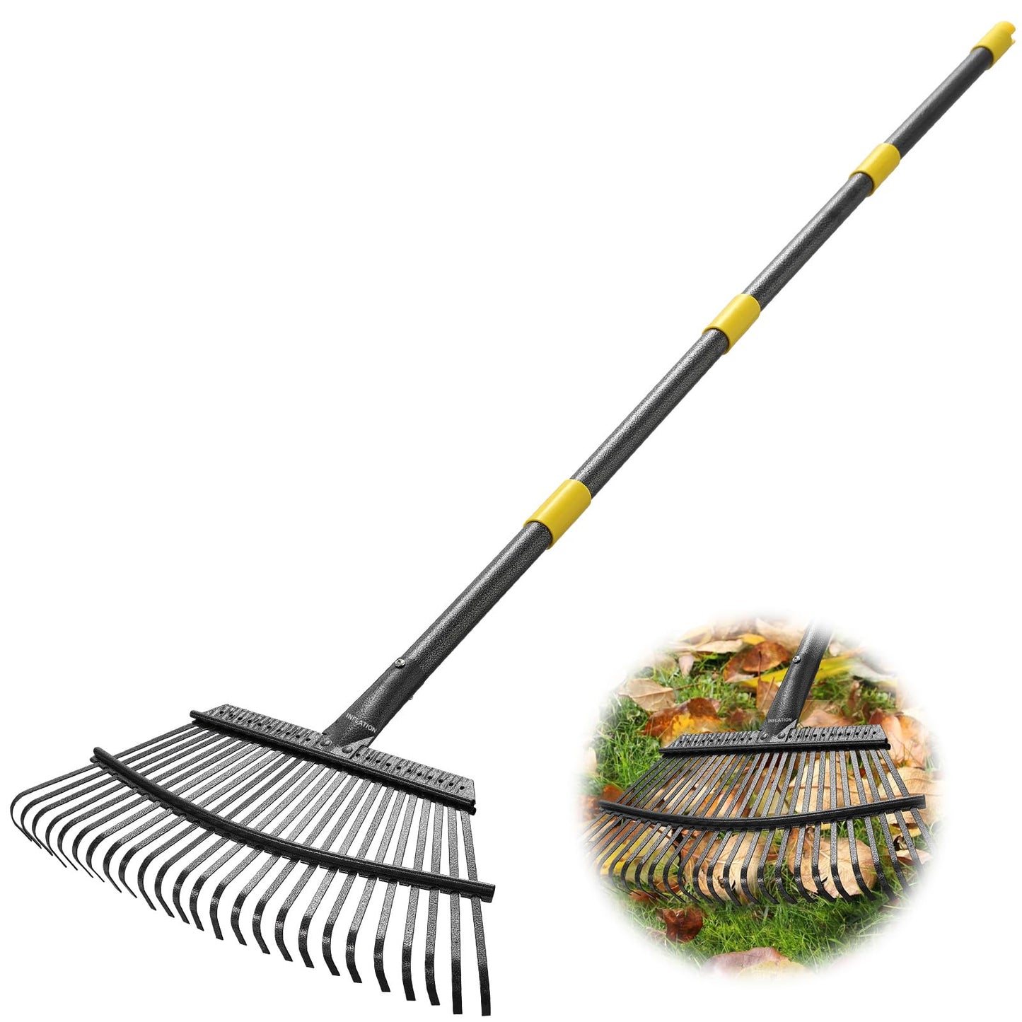 INFLATION Garden Rake for Leaves Heavy Duty Women Men Grandpas for Lawns,79” Length 18” Width Adjustable 25 Tines Sturdy Metal Yard Leaf Rakes with Non-Slip Comfortable Smooth Long Handle