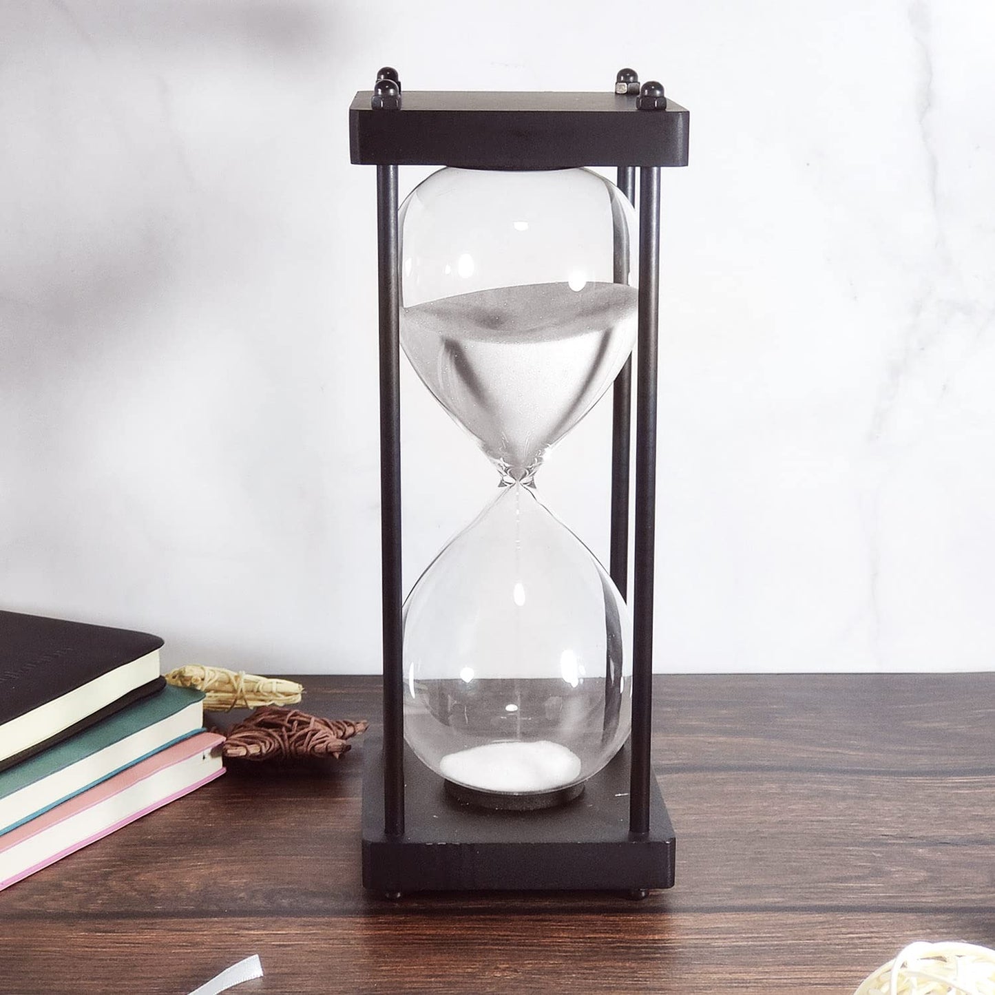Large Hourglass Timer 60 Minute, Decorative Black Frame Sandglass with White Sand