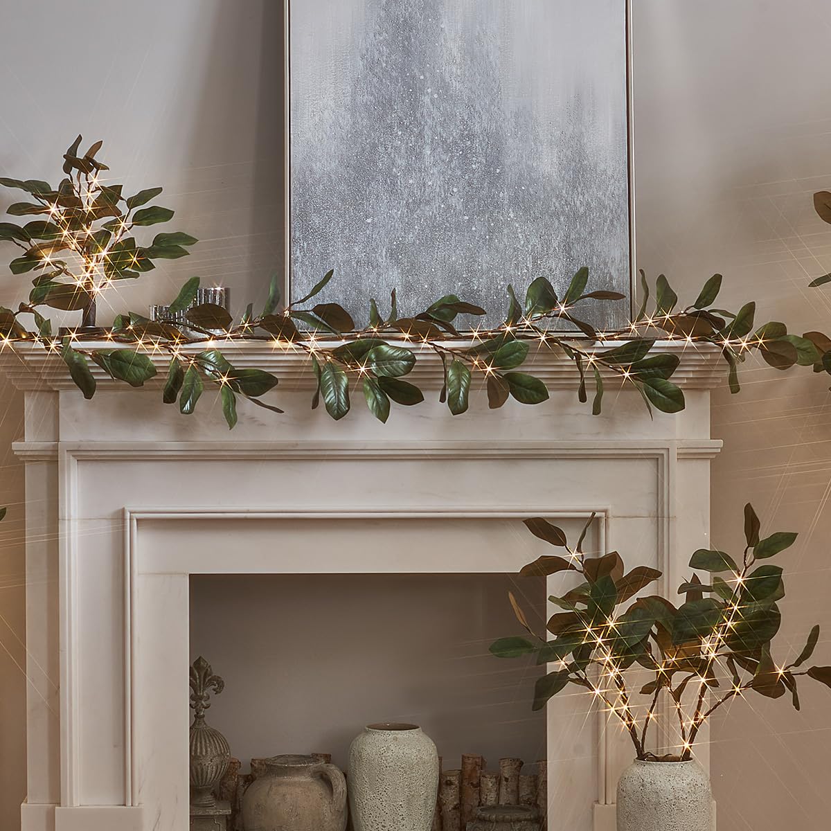 Fudios Magnolia Lighted Garland with Timer 6FT 80 LED Fairy Lights Battery Operated or USB Plug in, Artificial Greenery Garland Lights for Spring Holiday Party Mantle Decoration