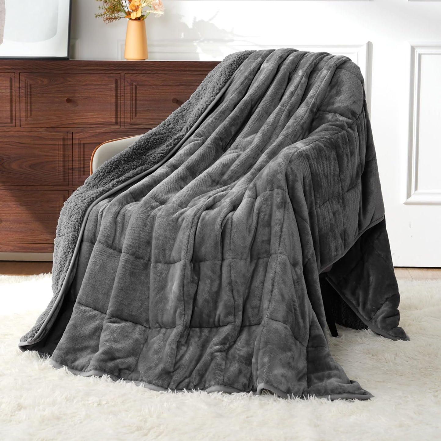Uttermara Weighted Blankets for Adults Queen Size, 15lbs 60x80 inches Blanket with Soft Warm Plush Sherpa Fleece, Washable Thick Heavy Throw for Sleeping and Calming, Grey