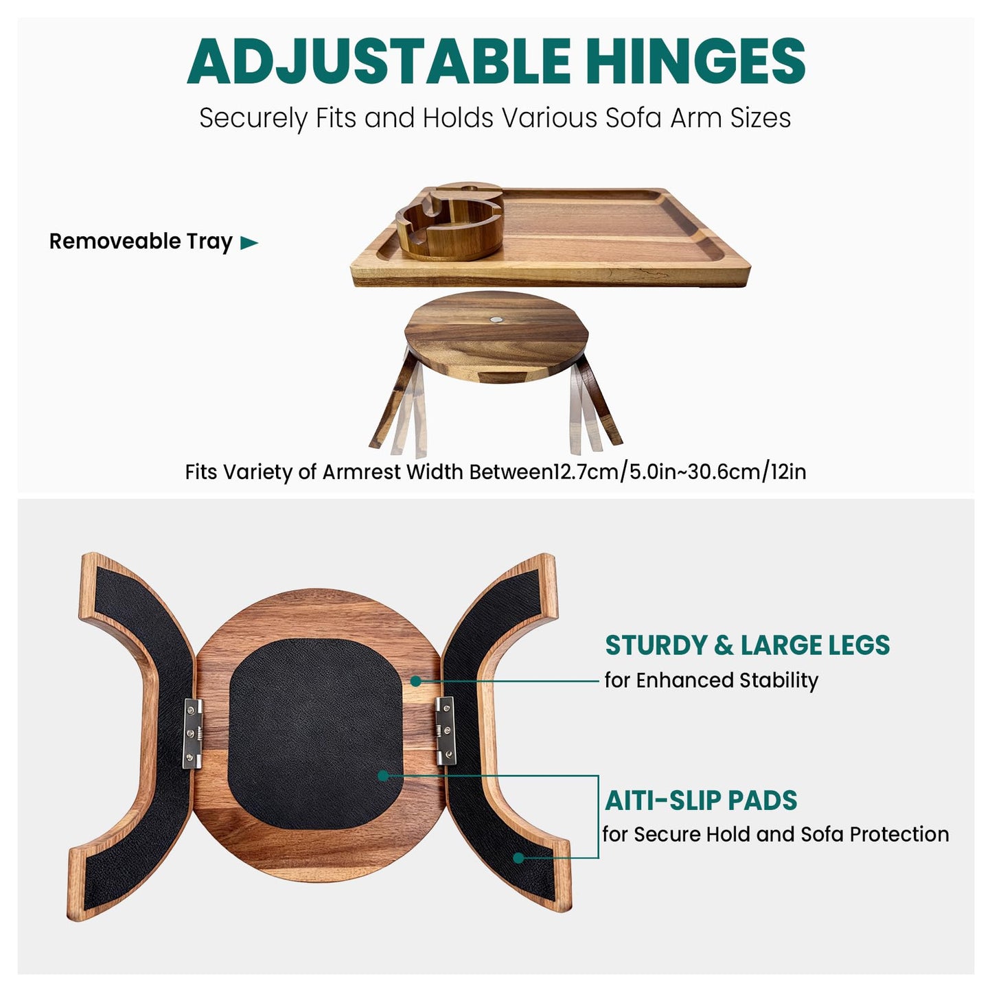 360° Detachable Rotating Acacia Wood Sofa Arm Tray Table, Serving Tray Clip On Couch Armrest Table with Cup Holder & Phone Stand, TV Dinner Tray for Eating on Sofa, TV Trays Fits for Small Spaces