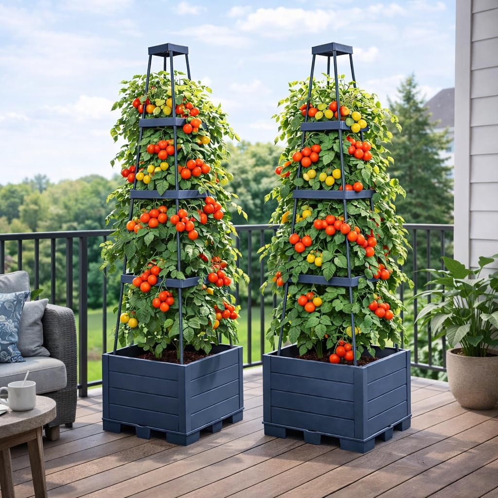 osgevei 2 Pack Raised Garden Bed Tomato Planter Box with Trellis, 57" Self-Watering Tomato Cage Planters Box for Climbing Plants Vegetable Vine Flowers,Patio Garden Balcony Outdoor & Indoor (2 Pack)
