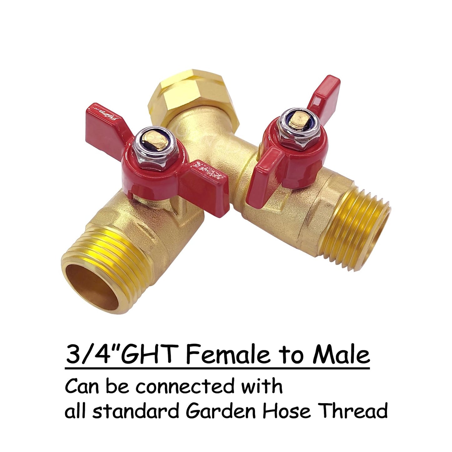 Uenede Brass Full Flow Garden Hose Splitter 3/4" GHT Heavy Duty 2 Way Y Valve Water Hose Shut Off Outdoor Faucet Splitter Connector Adapter with Butterfly Handle