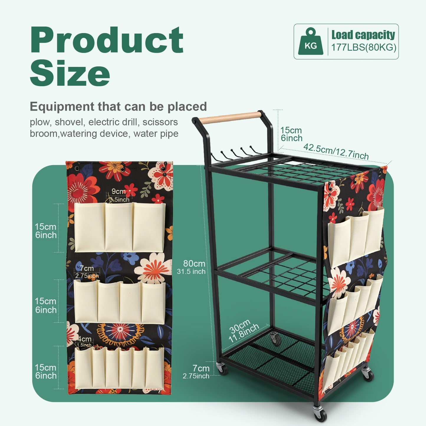 Garden Tool Organizer with Wheels & Storage Bag, 40 Inch Rolling Mobile Cart, 6-Hook Metal Storage Rack with Mesh Panel for Garage Shed Patio Organization, Black