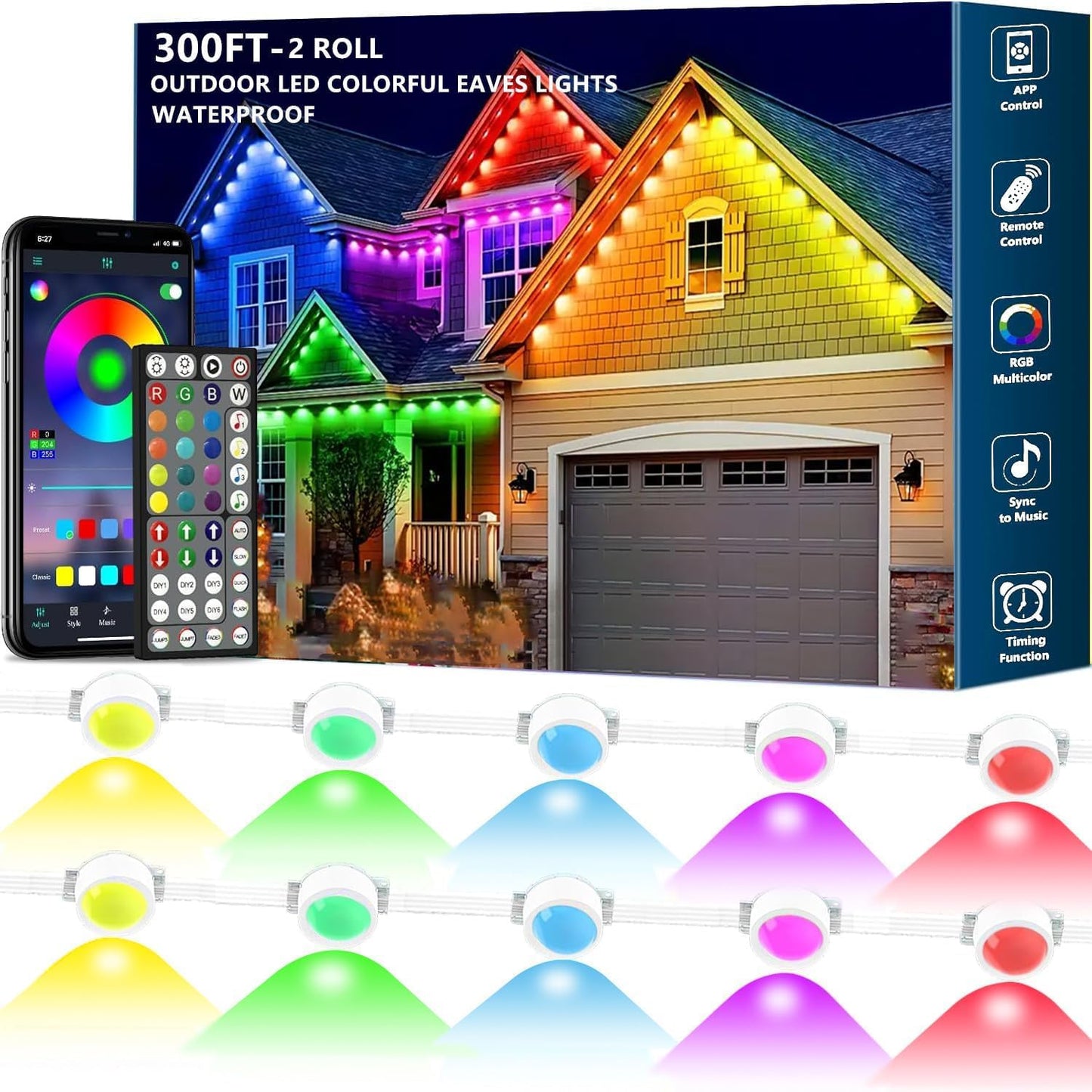 Sxlofty 300FT Permanent Outdoor RGB Lights,IP67 Waterproof Smart LED Eaves Lights with App/Remote Control,for Christmas and All Holiday Decor,Daily and Accent Lighting,House Roof and Garden Lighting