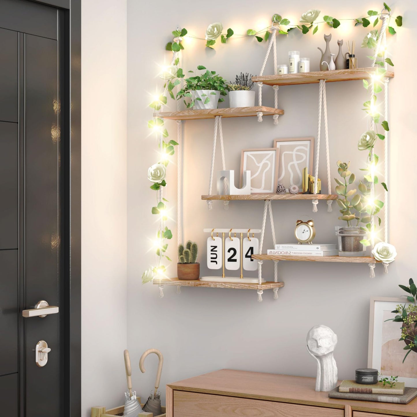 FKSLIFE Hanging Shelves for Wall,Macrame Hanging Plant Shelf with Vine Lights 5 Tier Rope Floating Shelf Wood Organizer Storage Rack Boho Wall Decor Aesthetic for Succulents Bedroom Bathroom Kitchen
