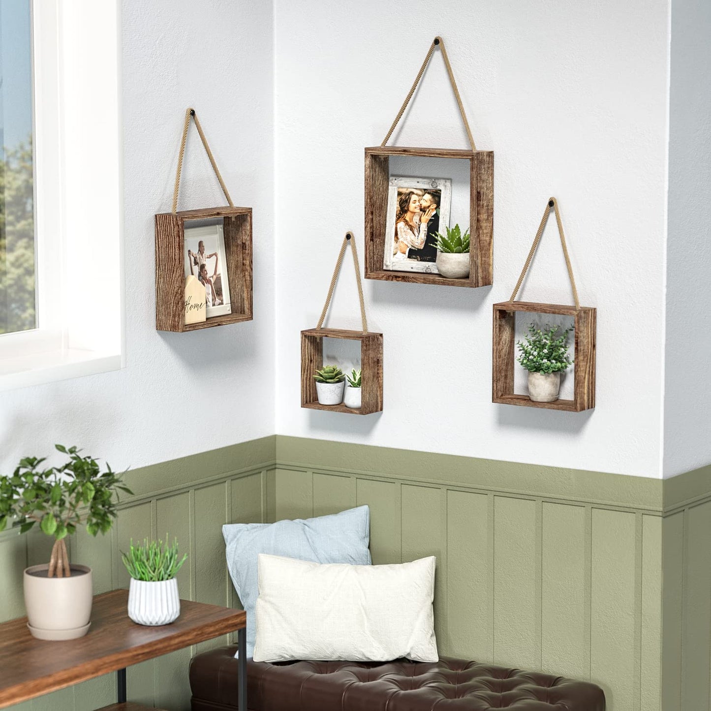 J JACKCUBE DESIGN Floating Hanging Square Shelves Wall Mounted Rustic Wood Cube Display Shelf Shadow Boxes Decorative Boho Home Décor for Living Room, Bedroom, Office, Set of 4 (Brown) - MK571B