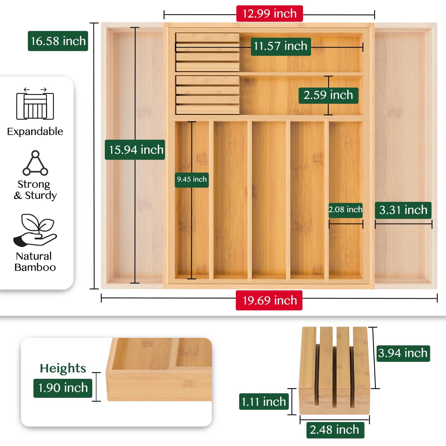 Dunruz Bamboo Expandable Drawer Organizer for Kitchen Utensils, Adjustable Silverware Tray with 9 Deep Slots for Large Spoons & Knives, Natural Wood Flatware Caddy for Cutlery Storage (Fits 13"-20")