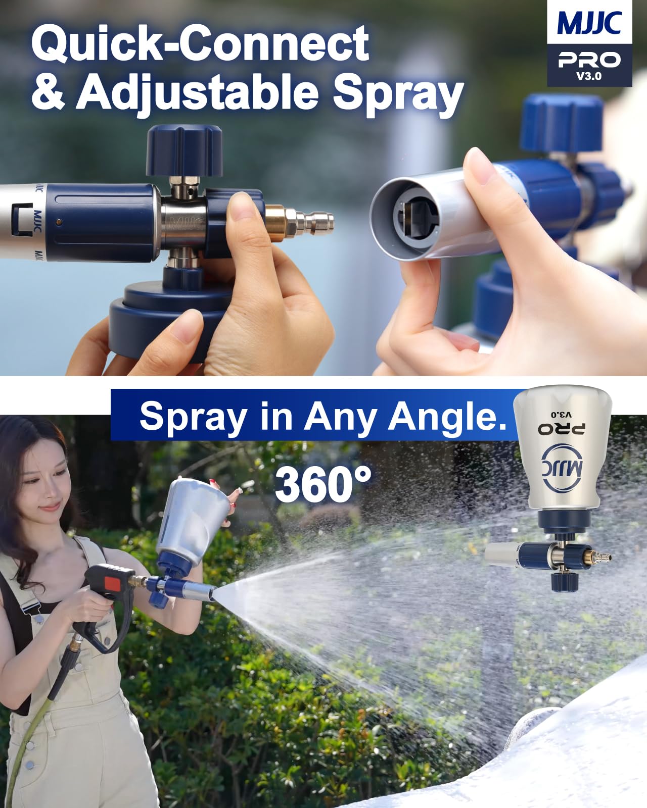 MJJC PRO V3.0 Ultimate Foam Cannon for Pressure Washers – Professional Car Wash Accessory Kit with Thick Foam, Stainless Steel, 44 fl oz Bottle (Pro V3.0 (1/4" Quick Connector) + SOAP Sample)