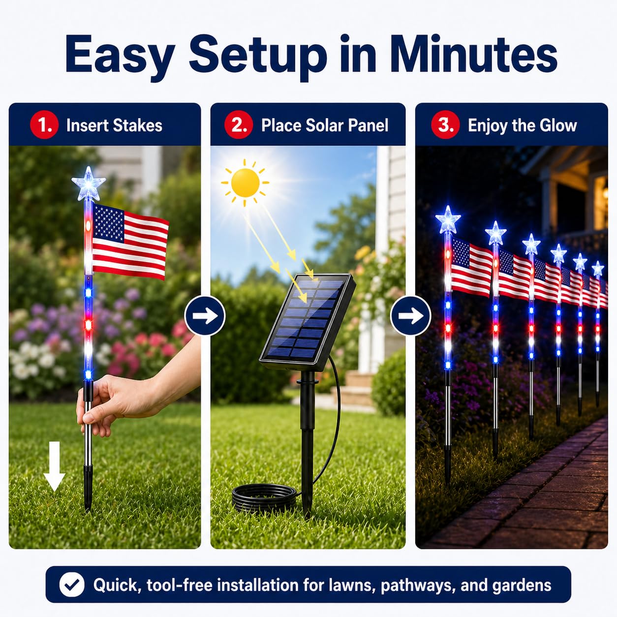 8 Pack Solar American Flag Pathway Lights, Patriotic Red White Blue Outdoor Stake Lights, Waterproof Solar LED Yard Garden Decorations for 4th of July, Independence Day
