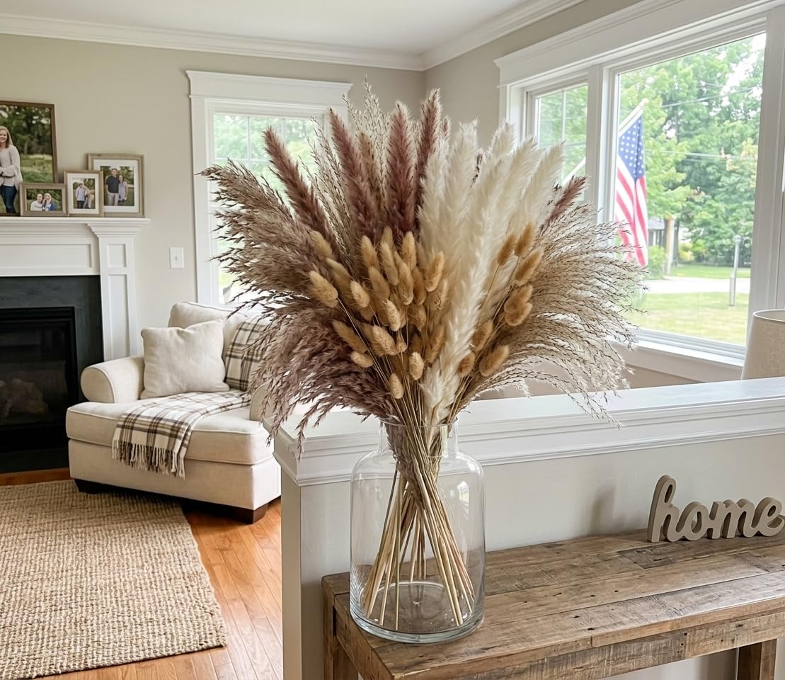 110 Stems Dried Pampas Grass, Boho Table Decor Natural Reed Phragmites Grass + Brown & White Pampas Grass + Bunny Tails Flowers Bouquet for Wedding Floral Arrangements Farmhouse Home Rustic Wall