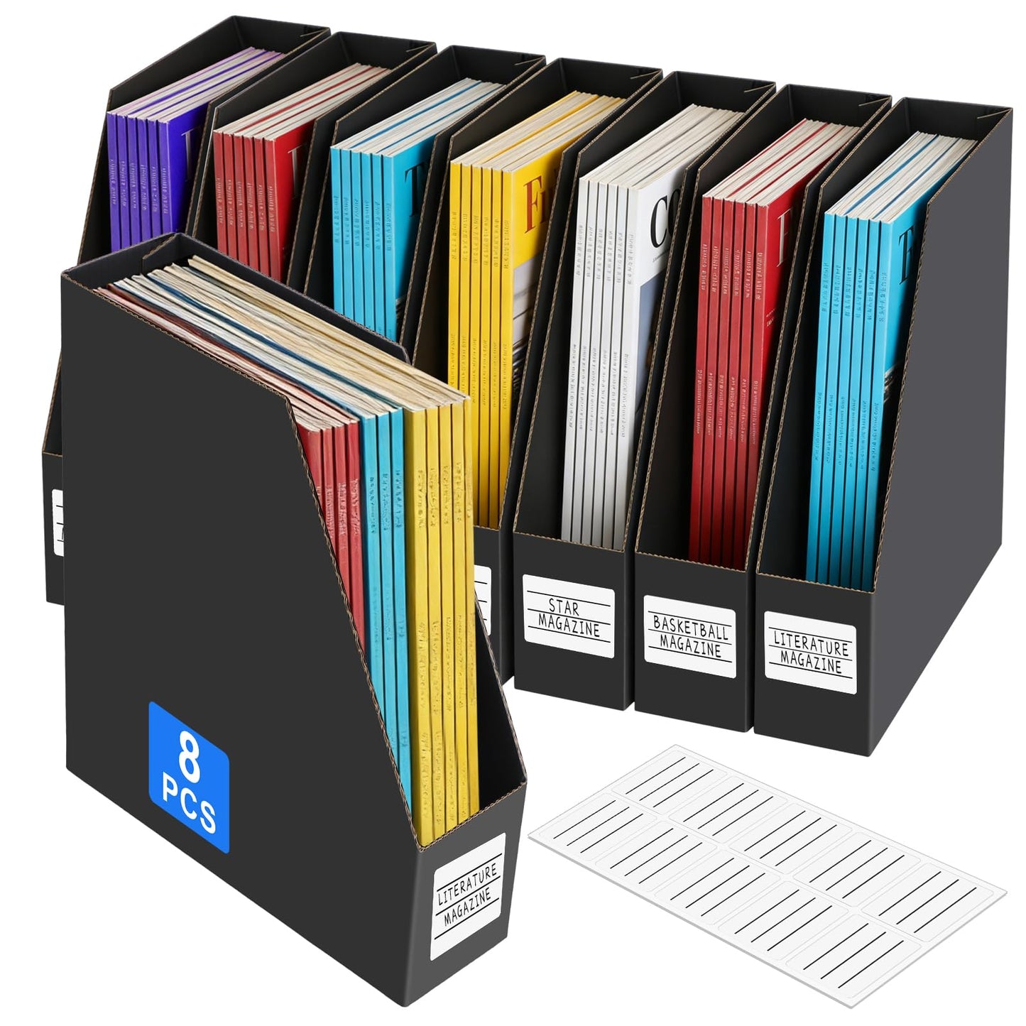 YOTINO Black Magazine Holder, 8 Pack Cardboard Magazine File Holders, Vertical Desktop File Holder Organizer, Sturdy Magazine Rack for Office, Home and Classroom
