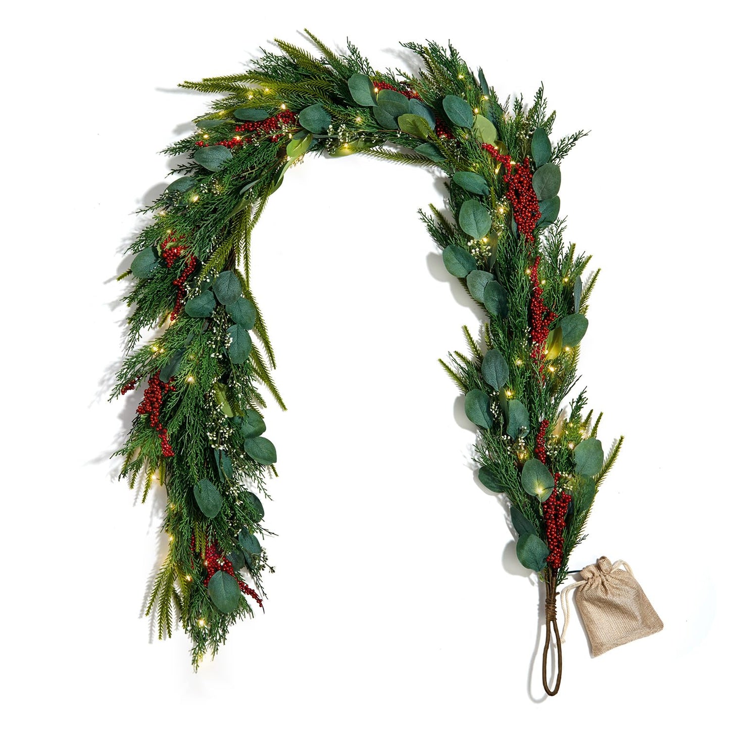 Lamplust Lighted Garland with Lights Battery Operated, 6 Ft Red Berry & Eucalyptus, 100 LED with Timer, Greenery Garland for Indoor Home Decor, Spring Decor, Table Centerpiece, Stairway Decorations