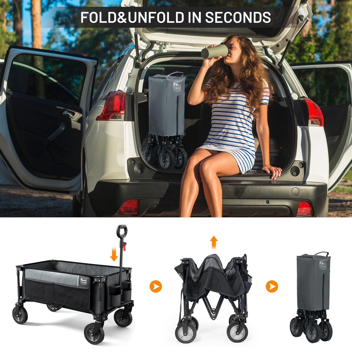 Timber Ridge Collapsible Outdoor Folding Wagon Cart Heavy Duty Camping Patio Shopping Garden Cart with Side Bag Cup Holder, Grey