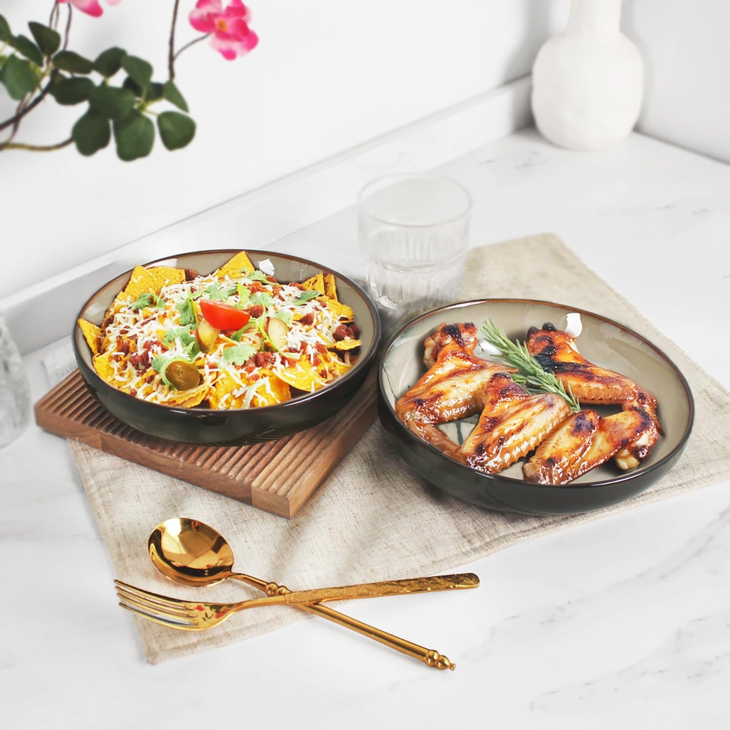 Jinsongdafa Ceramic Salad Plate Set, 7.9-inch Non-fading Hand-painted Plates, 4-piece Set, Suitable for Appetizers, Dinner, Desserts, Microwaveable and Dishwasher-safe Restaurant Kitchen Tableware Set