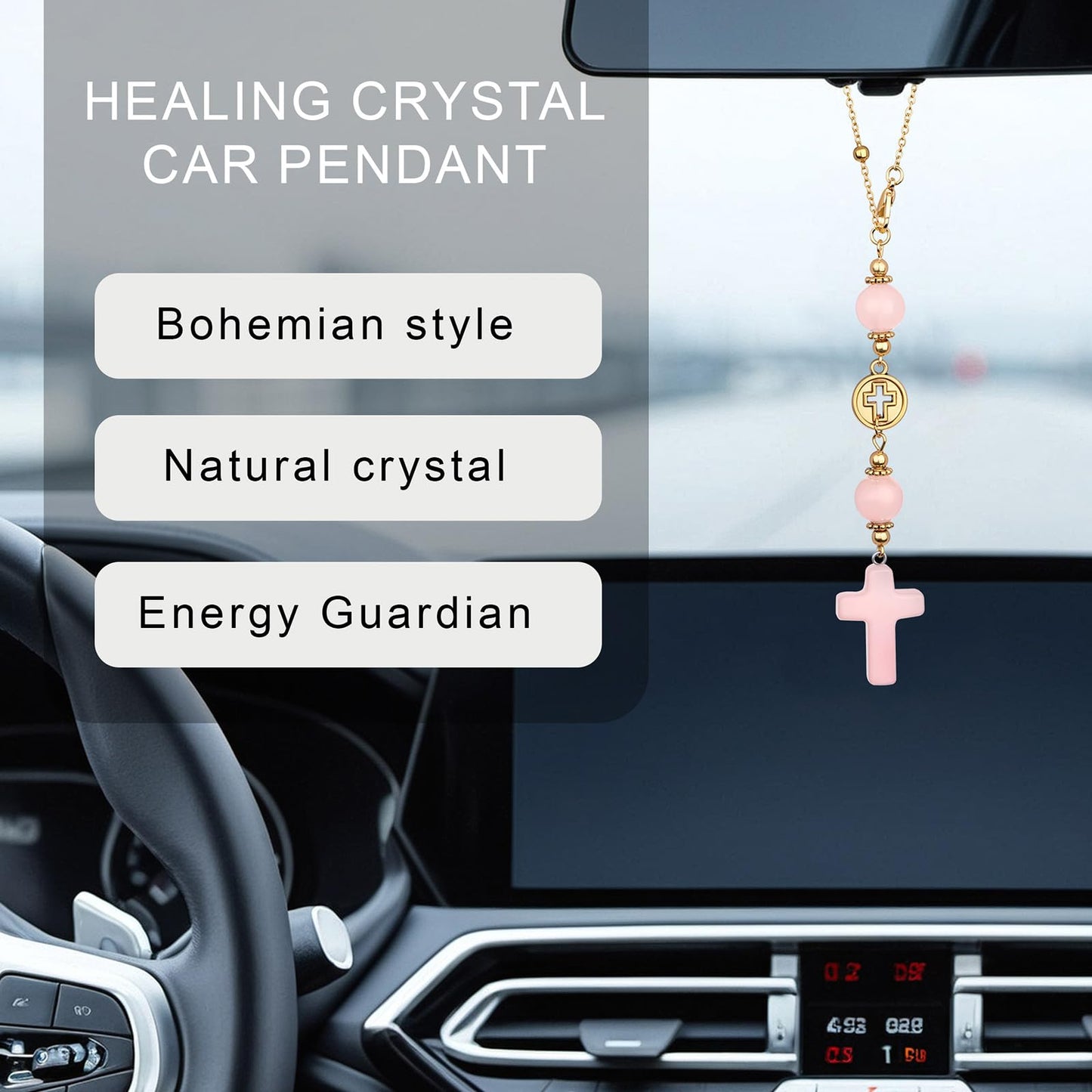 Cross Crystal Hanging Car Charm,Cute Healing Stones Car Decor for Rear View Mirror Boho Handmade Sun Catcher Ornament Accessories Rose Quartz Crystal Protection for Women