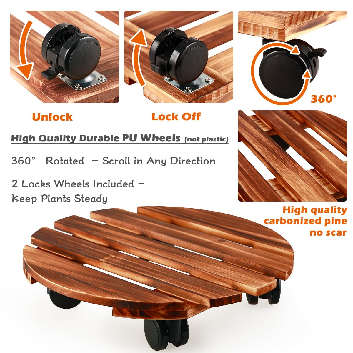 5 Pack Plant Caddy with Wheels Heavy Duty 13.5 Inch Wooden Plant Stand on Wheels Plant Dolly Rolling Plant Stand Plant Roller with Casters for Indoor and Outdoor with 5 Pack Plant Saucers, Round