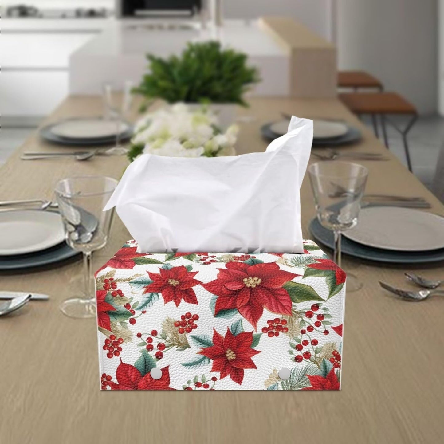 Viewamoon Christmas Floral Tissue Box Cover Rectangle Leather Soft Fabric Paper Holder Box Easy to Install 9x5x5 Cube Cover for Bathroom Deocration