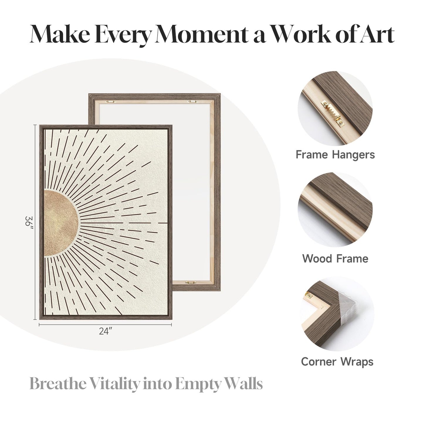 Framed Large Boho Neutral Abstract Wall Art for Living Room, Black Beige Sun and Moon Paintings Prints for Hallway Office, Set of 3 Piece Modern Minimalist Canvas Artwork Pictures 24x36 Inch