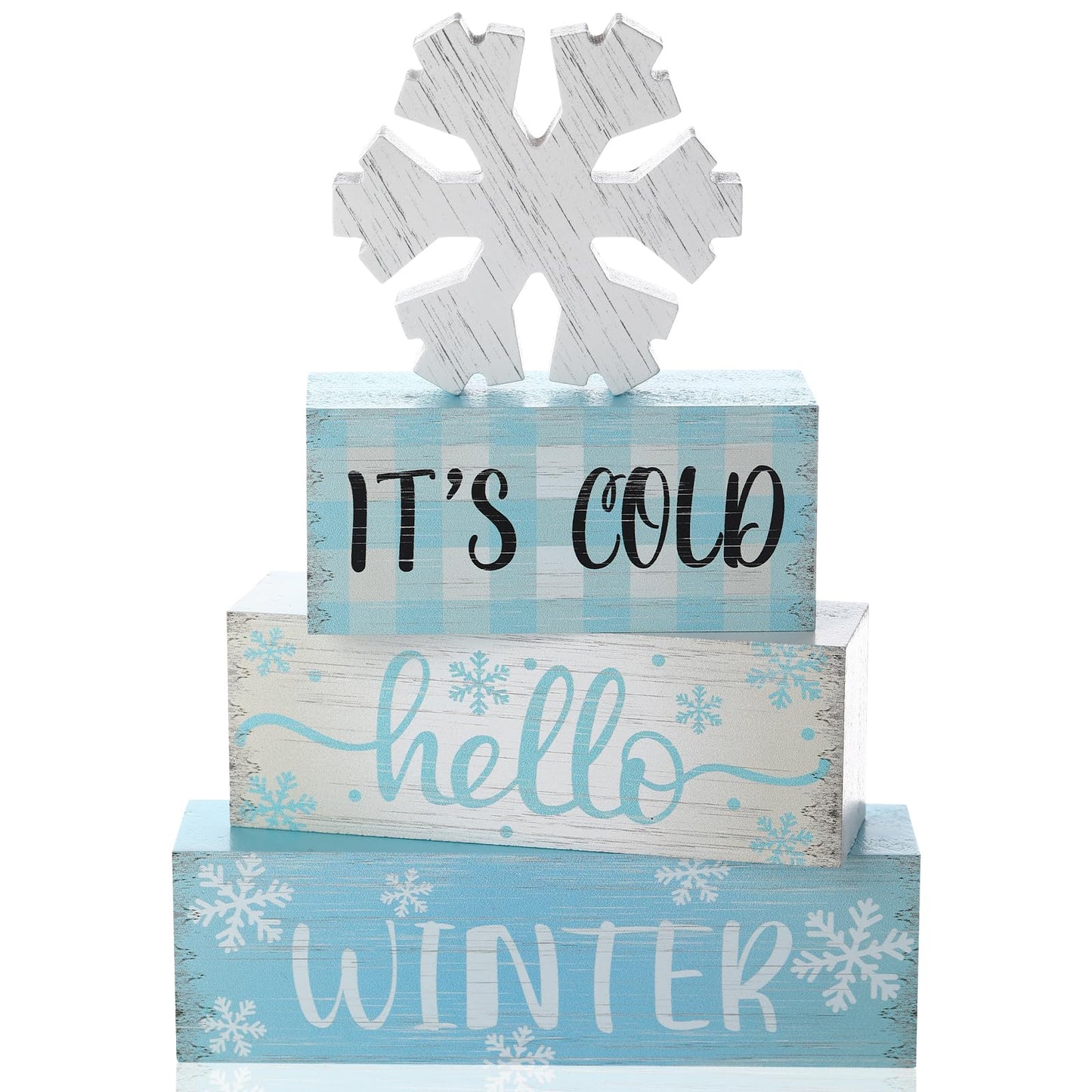 4 Pcs Christmas Winter Table Decorations,Rustic Winter Signs for Home Decor,Farmhouse Snowflake Home, Snowflake Tiered Tray Christmas Centerpiece, Wonderland Decor for Office, Shelf