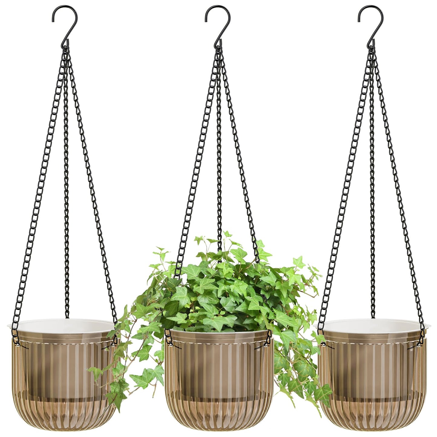 ZeeDix 3 Pack Self Watering Hanging Planters, 6.5 Inch Indoor Plant Pots with 3 Hooks Visible Water Level and Drainage for Home, Wall, Window Decor Outdoor Use(Starry Gray)